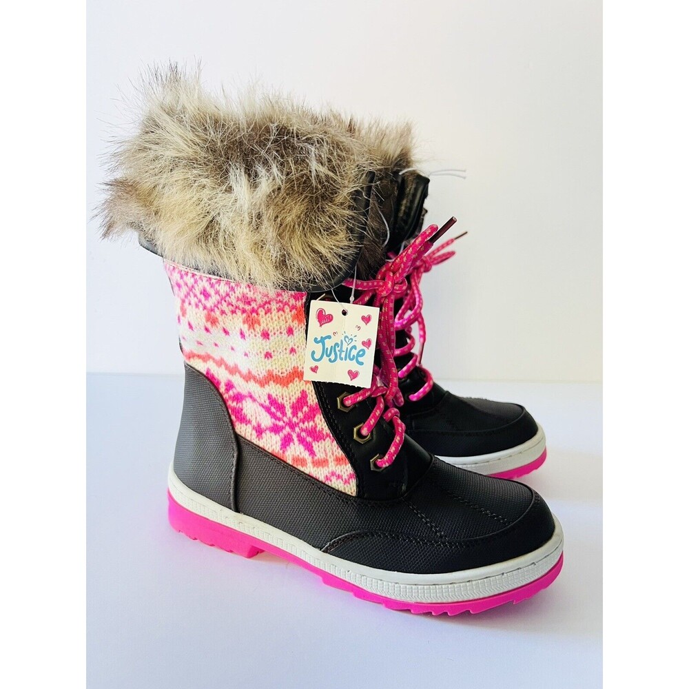 NWT JUSTICE GIRLS BROWN PINK SWEATER‎ KNIT SNOW BOOTS WINTER FAUX FUR GIRLS 5 5M